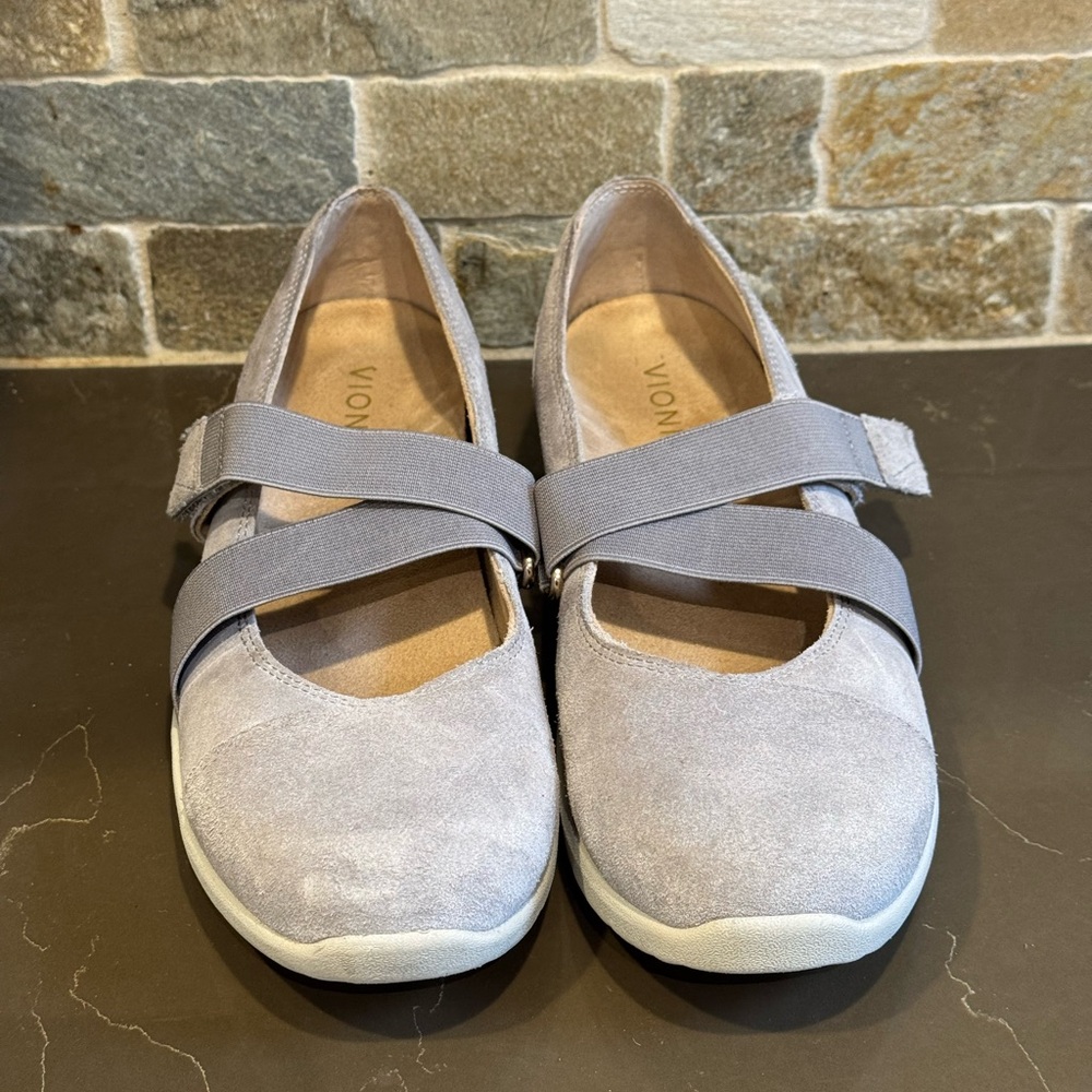 Vionic Gray Suede Mary Jane Flats with Elastic Cross Straps